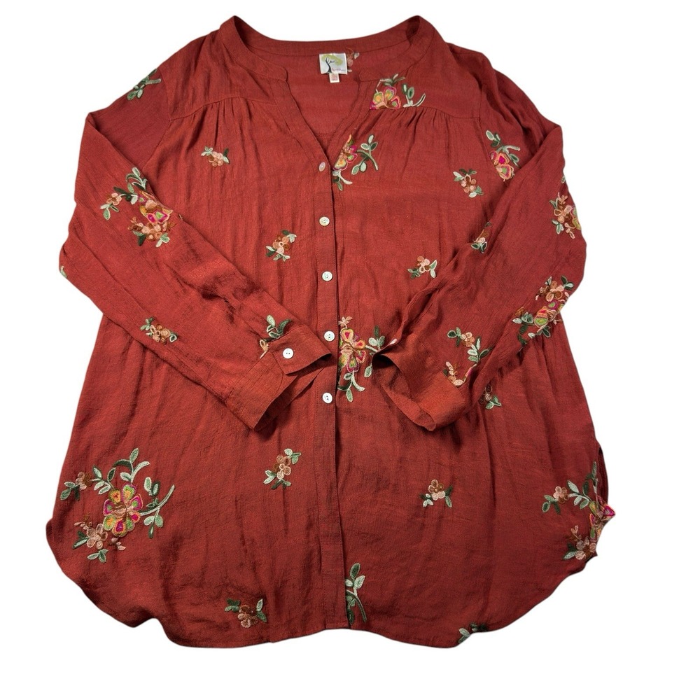 fig and flower Rust Red Floral Embroidered Button-Front Tunic